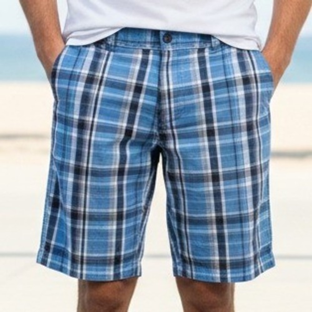 Izod 36 $75 Sky Blue Navy Plaid‎ Cotton Board Shorts Coastal Prep Golf